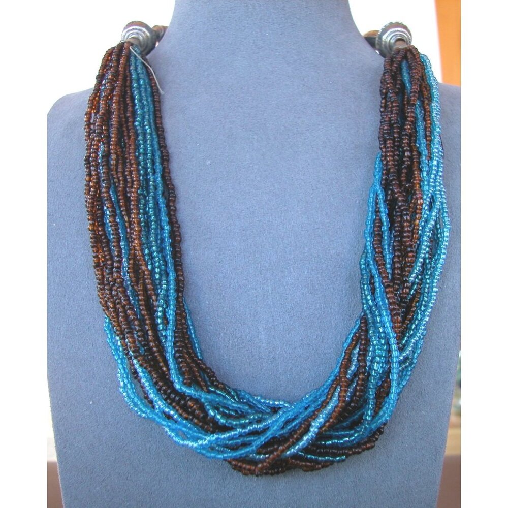 Multistrand Blue & Brown Beaded Necklace With Silver Accents Adjustable Clasp